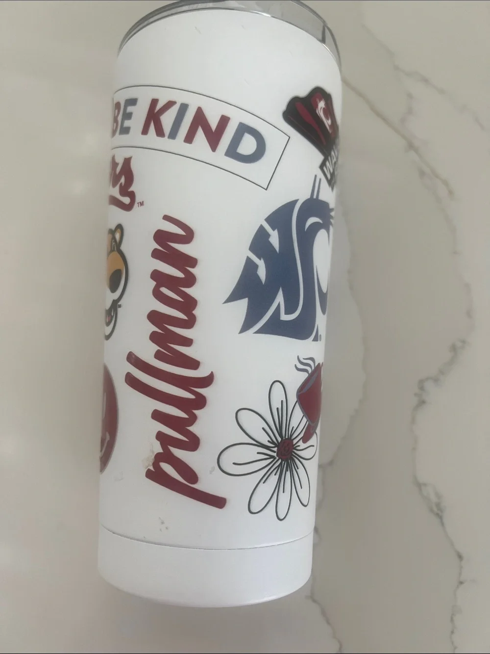 WSU Cougs! Corkcicle White Travel Tumbler with Maroon and Gold Graphics